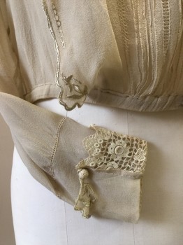 Womens, Blouse 1890s-1910s, N/L, Coffee Brown, Silk, Solid, W32, B36, Silk Georgette with Floral Lace Trim. Long Sleeves, Hidden Hook & Eye Closure at Side Front Left. Small Hole at Right Front.