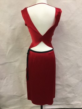 Womens, Dress, Piece 1, DEVELOPEMENT, Red, Silk, Solid, S, V-neck, Plunging V-back, Tiny Sleeve Caps, Overlocked Edges, Thin Strap Across Back at Shoulders