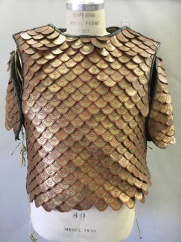 Mens, Historical Fict. Breastplate , MTO, Red, Leather, 38, Gold Filigreed Scales, Grommet Laced Shoulders, Detachable Short Sleeve Shoulder Plates with  Scales, Black Leather Lined