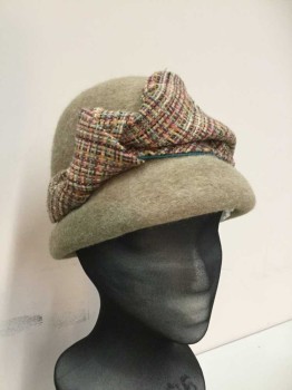 Womens, Cloche, IGNATIUS, Tan Brown, Multi-color, Teal Blue, Wool, Polyester, Solid, Plaid, L, Mohairy, with Woven Plaid Wide Knotted Sash Detail
