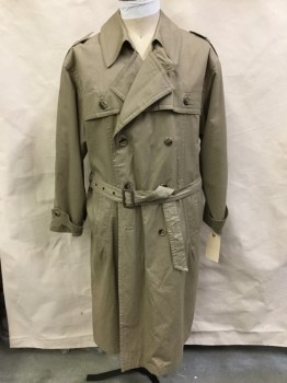 Mens, Coat, Trenchcoat, ADOLFO PARIS, Khaki Brown, Nylon, Solid, 44, Double Breasted, Detached Front and Back Yoke, Epaulets, Belt Loops, Matching Buckle Belt, 2 Pockets, Button Tab Cuffs, Missing Lining, Inverted Kick Pleat,