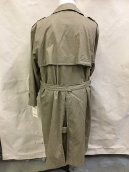 Mens, Coat, Trenchcoat, ADOLFO PARIS, Khaki Brown, Nylon, Solid, 44, Double Breasted, Detached Front and Back Yoke, Epaulets, Belt Loops, Matching Buckle Belt, 2 Pockets, Button Tab Cuffs, Missing Lining, Inverted Kick Pleat,
