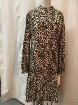 Womens, 1970s Vintage, Top, MARTY GUTMACHER, White, Brown, Black, Polyester, Animal Print, B 34, Leopard Print, 4 Buttons, Long Sleeves,