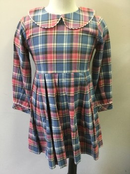 Childrens, Dress, RACHEL RILEY, Periwinkle Blue, Pink, Gray, Cream, Cotton, Plaid, 5Y, Long Sleeves, Rounded Collar with Light Pink Ric Rac Trim, Button Closures in Back, Self Belt Attached at Waist, Pleated Skirt, Retro 1950's Look