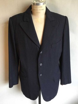 Mens, Suit, Jacket, 1890s-1910s, NO LABEL, Navy Blue, Lt Gray, Wool, Stripes - Pin, 42, 3 Button Closure, Peak Rounded Lapel, 3 Pockets, Back Of Collar Ripping At Seam,