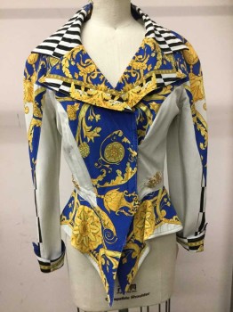 Womens, Jacket, CACHE, Royal Blue, Yellow, Black, White, Rayon, Print, Geometric, 4, Zip Front Off Center, Wide Notched Lapel, Black & White Rectangles, Versace Style, Gold Chain Details At Waist, Peplum,