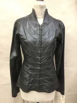 MTO, Metallic, Dk Gray, Faux Leather, Solid, Made To Order, Faux Snake Sunburst Pieces, Zip Front, High Collar, Long Sleeves