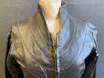 Womens, Sci-Fi/Fantasy Jacket, MTO, Metallic, Dk Gray, Faux Leather, Solid, B36, M, W28, Made To Order, Faux Snake Sunburst Pieces, Zip Front, High Collar, Long Sleeves