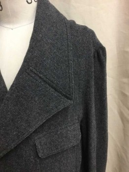 Mens, Coat 1890s-1910s, NO LABEL, Gray, Charcoal Gray, Wool, Herringbone, 44, Double Breasted, Long Sleeves, Gray Herringbone, Patch Pockets with Flaps,