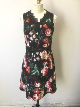 CHELSEA 28, Black, Multi-color, Polyester, Floral, Sleeveless, Black Lace at Waistband, V-neck, and 10" Above Hem, A-Line Skirt, Hem Above Knee,  Invisible Zipper at Center Back, Peach Lining