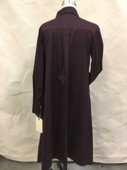COS, Aubergine Purple, Cotton, Nylon, Solid, Button Front Concealed Placket Grosgrain Ribbon, Long Sleeves Button Cuff, Collar Attached Grosgrain, Asymmetrical Hem, Flared with Pleats at Side Bust, Pleat Center Back Yoke