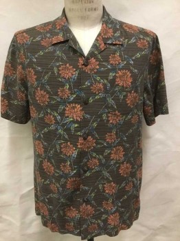 TOMMY BAHAMA, Brown, Orange, Yellow, Teal Blue, Silk, Floral, Collar Attached, Button Front, Short Sleeves, 1 Pocket