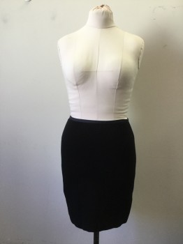 THEORY, Black, Cotton, Spandex, Solid, Double Knit Jersey Skirt. Pencil. Novelty Curved Panels. Navy Trim at Waist, Invisible Zipper Center Back,
