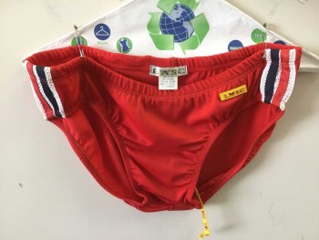 LASC, Red, White, Blue, Nylon, Spandex, Solid, Red Speedo with Red/White/Blue Stripes on Sides, Drawstring Waist