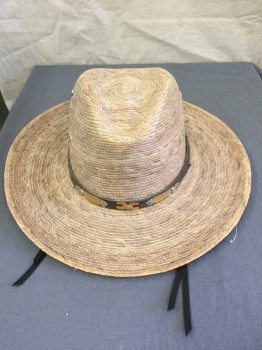 Oatmeal Brown, Tan Brown, Brown, Silver, Heathered, Western Straw Hat with Leather Headband with Tan Horse Shoes at Center Front,