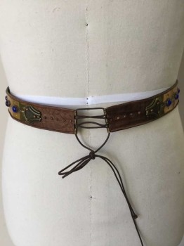 N/L, Dk Brown, Brass Metallic, Blue, Red, Yellow, Leather, Metallic/Metal, Dots, Novelty Pattern, (double) Dark Brown Reptile  Belt W/brass Inlay Work Detail W/blue  Round Stones & Red/yellow Stone in the Middle, 2 Needle Pins and Brown Cord String Closure, See Photo Attached, (missing 2 Blue Stones)