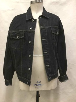 GUESS, Faded Black, Cotton, Solid, Faded Black Denim, Button Front, Collar Attached, 2 Flap Pocket,