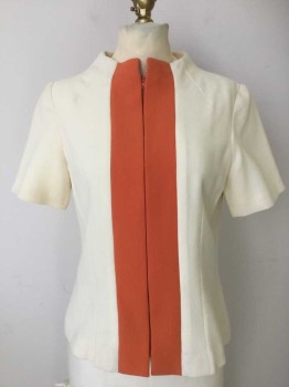 MTO, Cream, Orange, Wool, Polyester, Solid, Vintage Airline Uniform Top. Cream Wool Crepe with Orange Center Panel & Zipper Front, S/S, Fitted with Darts, 3 Pieces Top, Skirt, Hat, 1960's