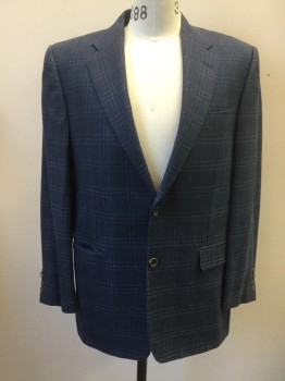 HICKEY FREEMAN, Dk Blue, Navy Blue, Lt Blue, Wool, Silk, Plaid, Single Breasted, Collar Attached, Notched Lapel, 2 Bttns, 3 Pckts,