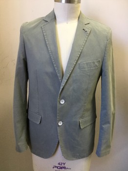 LUIGI MORINI, Sage Green, Cotton, Polyester, Solid, Light Sage, Single Breasted, Collar Attached, Notched Lapel, Hand Picked Collar/Lapel, 3 Pockets