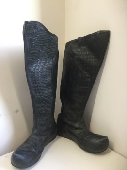 Mens, Sci-Fi/Fantasy Boots , MTO, Black, Leather, Solid, 12, Knee High Boots, Pointy Upturned Toe, Basket weave Panels, Rubber Soles, Wide Calves