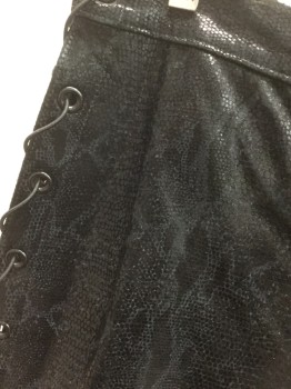 Mens, Leather Pants, JOHN DAVID RIDGE, Black, Iridescent Black, Leather, Reptile/Snakeskin, Ins:33, W:32, Rock N Roll Snakeskin Pattern Leather Pants, Lace Up Sides with Black Metal Grommets and Black Laces, Zip Fly, Made To Order