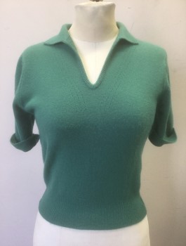 Womens, Sweater, N/L, Jade Green, Wool, Solid, B:34, Knit, Short Rib Knit Cuffed Sleeves, V-neck with Collar Attached, Pullover, Fitted,