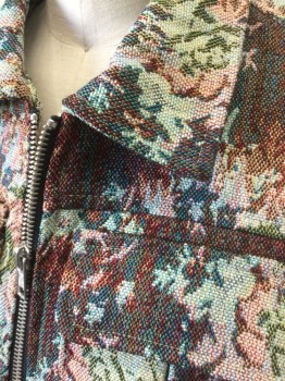 URBAN OUTFITTERS, Multi-color, Dk Red, Mint Green, Dk Green, Blue, Polyester, Cotton, Floral, Tapestry-like Material, Zip Front, Collar Attached, 4 Pockets, No Lining