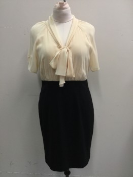 N/L, Antique White, Black, Polyester, Nylon, Color Blocking, Antique White Chiffon Top, Raglan Short Sleeves, Smocked Gather at Cuff, V-neck Collar with Center Front Tie Pleated at Back Neck with 2 Button Closure, Gathered at Waist, Black Straight Skirt, Center Back Slit