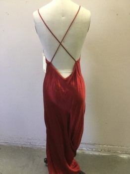 Womens, Nightgown, FANTASIES, Red, Silk, Solid, S, Criss Crossing in Back Spag Straps, Side Slit