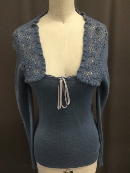 REBECCA TAYLOR, Slate Blue, Wool, Solid, Knit, Square Neck with Lace Knit Pattern at Shoulders  and Back, Velvet Ribbon Tie at Bust