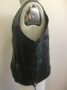 Mens, Leather Vest, JAMMIN LEATHER, Black, Leather, Solid, Novelty Pattern, Tall, 50, 4 Silver Snaps, 2 Pockets, Lace Up Sides, Patches of "Love Machine, 420, LTD, Live Free, Smoke 'n Roll, Modeled on a 44, Motorcycle