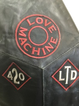 Mens, Leather Vest, JAMMIN LEATHER, Black, Leather, Solid, Novelty Pattern, Tall, 50, 4 Silver Snaps, 2 Pockets, Lace Up Sides, Patches of "Love Machine, 420, LTD, Live Free, Smoke 'n Roll, Modeled on a 44, Motorcycle
