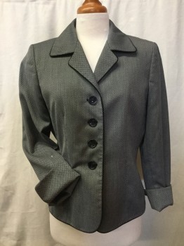 EVAN-PICONE, Black, White, Polyester, Novelty Pattern, Novelty Weave Looks Like Silk Net. Black Piping Trim, 4 Black Buttons Center Front, Notched Lapel, Turend Up Cuffs at 3/4 Length. (small White Stain on Right Sleeve)