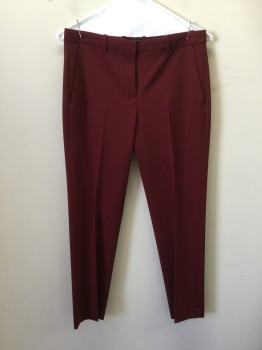 THEORY, Red Burgundy, Wool, Elastane, Solid, Flat Front, Zip Fly, 4 Pockets, Belt Loops,