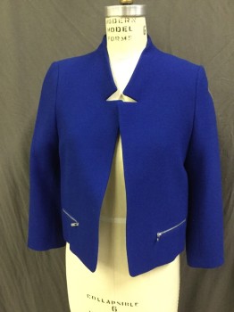 SANDRO, Royal Blue, Wool, Synthetic, Solid, Open Front, Long Sleeves, 2 Pockets with Silver Zippers , Reversed Lapel Detail