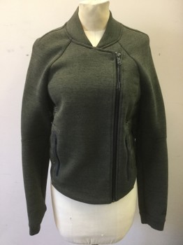 NIKE, Olive Green, Black, Cotton, Polyester, Solid, Heathered, Off Center Zipper, Double Breasted, Raglan Sleeves,  Quilted Back, Knit, Triple,