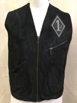 TARGA, Black, Brown, Suede, Polyester, Solid, ( 2 of Them:  40, 46) Rough Black Suede, with Brown Lining, V-neck, Zip Front, 3 Pockets, "1%" Diamond Patch in Front, Tan, Brown, Black Eagle Embroidery in the Back