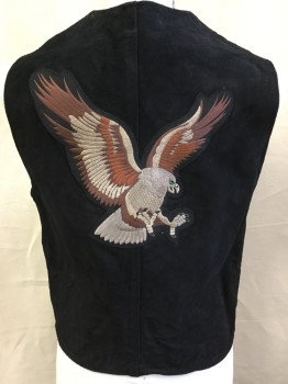 TARGA, Black, Brown, Suede, Polyester, Solid, ( 2 of Them:  40, 46) Rough Black Suede, with Brown Lining, V-neck, Zip Front, 3 Pockets, "1%" Diamond Patch in Front, Tan, Brown, Black Eagle Embroidery in the Back