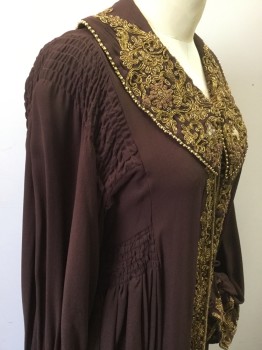Womens, Historical Fiction Coat, MTO, Chocolate Brown, Gold, Synthetic, Floral, Solid, Small, Made To Order, Floral Gold Bullion on Collar/Cuffs/Center Front, Smocked Shoulders and Waist, Collar Edged with Gold Beads, Fabric Buttons and Loops Center Front, Robe