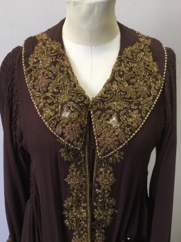 Womens, Historical Fiction Coat, MTO, Chocolate Brown, Gold, Synthetic, Floral, Solid, Small, Made To Order, Floral Gold Bullion on Collar/Cuffs/Center Front, Smocked Shoulders and Waist, Collar Edged with Gold Beads, Fabric Buttons and Loops Center Front, Robe