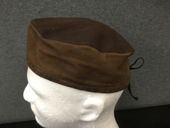Unisex, Sci-Fi/Fantasy Headpiece, MTO, Brown, Dk Brown, Leather, Cotton, Solid, S, Brown Leather Cap, Cotton Top, Suede Trim, Black Twill Back Ties, Surgical Style Cap
