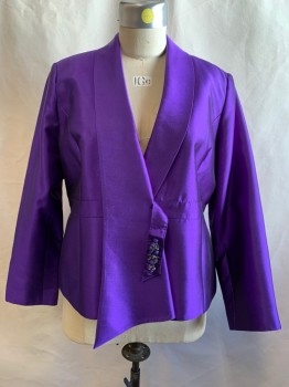 MOSHITA, Violet Purple, Silk, Wool, Solid, Evening Jacket, Silk Sheen, Single Breasted, Shawl Collar with Asymmetric Hem, 1 1/4" Waistband, Tab Dangling From Front Waistband with Purple/Clear Rhinestone Brooch