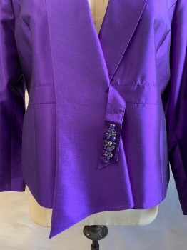 MOSHITA, Violet Purple, Silk, Wool, Solid, Evening Jacket, Silk Sheen, Single Breasted, Shawl Collar with Asymmetric Hem, 1 1/4" Waistband, Tab Dangling From Front Waistband with Purple/Clear Rhinestone Brooch