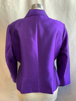 Womens, Suit, Jacket, MOSHITA, Violet Purple, Silk, Wool, Solid, 20W, Evening Jacket, Silk Sheen, Single Breasted, Shawl Collar with Asymmetric Hem, 1 1/4" Waistband, Tab Dangling From Front Waistband with Purple/Clear Rhinestone Brooch