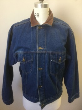 MARLBORO COUNTRY STO, Denim Blue, Brown, Cotton, Leather, Solid, Medium Blue Denim, Brown Leather Collar Attached, Long Sleeves, Button Front, 4 Pockets, Tan Top Stitching
