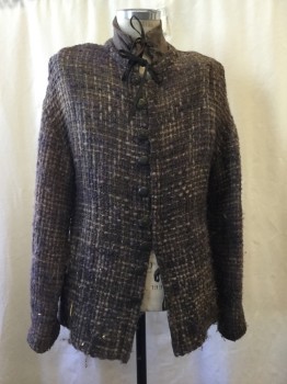 Mens, Historical Fiction Jacket, MTO, Lt Brown, Purple, Dusty Rose Pink, Wool, Synthetic, Mottled, Basket Weave, 38, Aged/Distressed, Coarse Weave Sweater Like Fabric, Unlined, Leather Button Loops, Brass Buttons, Cotton Stand Collar with Leather Ties, Villager Fantasy, Bits of Dried Grasses ( Probably Got Rolled By Local Brigands), Shoulders Dropped, Hip Length