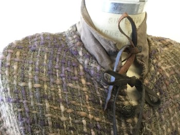 Mens, Historical Fiction Jacket, MTO, Lt Brown, Purple, Dusty Rose Pink, Wool, Synthetic, Mottled, Basket Weave, 38, Aged/Distressed, Coarse Weave Sweater Like Fabric, Unlined, Leather Button Loops, Brass Buttons, Cotton Stand Collar with Leather Ties, Villager Fantasy, Bits of Dried Grasses ( Probably Got Rolled By Local Brigands), Shoulders Dropped, Hip Length