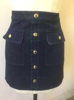 ALICE + OLIVIA, Denim Blue, Cotton, Polyester, Solid, Indigo Stretch Denim, Gold Decorative Buttons Vertically at Center Front, 2 Large Patch Pockets with Flap and Gold Button Closure, 1" Self Waistband, Hem Mini, Invisible Zipper at Center Back