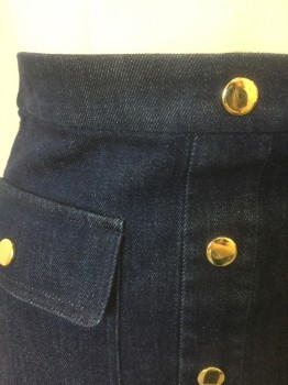 ALICE + OLIVIA, Denim Blue, Cotton, Polyester, Solid, Indigo Stretch Denim, Gold Decorative Buttons Vertically at Center Front, 2 Large Patch Pockets with Flap and Gold Button Closure, 1" Self Waistband, Hem Mini, Invisible Zipper at Center Back